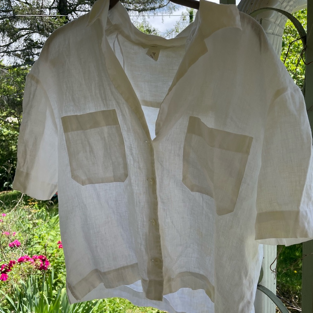 Cropped white linen button up shirt